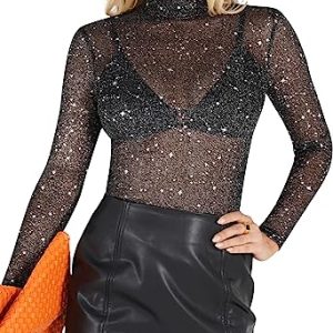 Women's Glitter Sheer Mesh Tops T Shirt Blouse