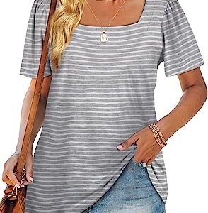 Womens Summer Tops Casual Square Neck Puff Short Sleeve T Shirts